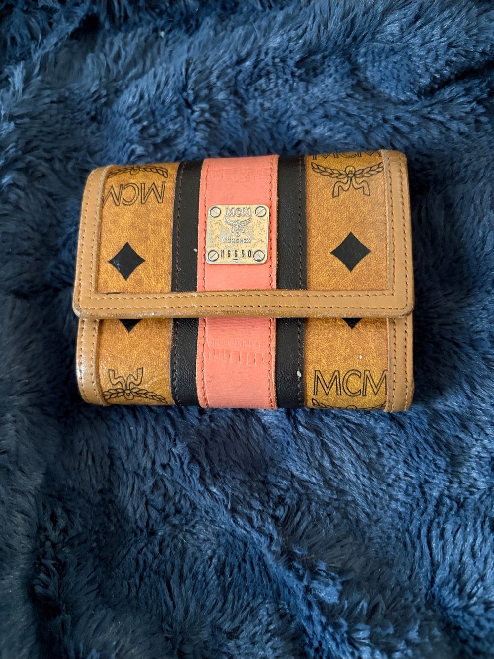 MCM Brown Monogram Trifold Wallet with Pink and Black Stripes